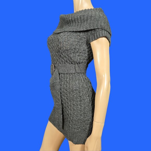 Y2K Gray Belted Sweater Fairy Grunge Size XS Long Tunic Mini Dress Cap Sleeves - Picture 5 of 8